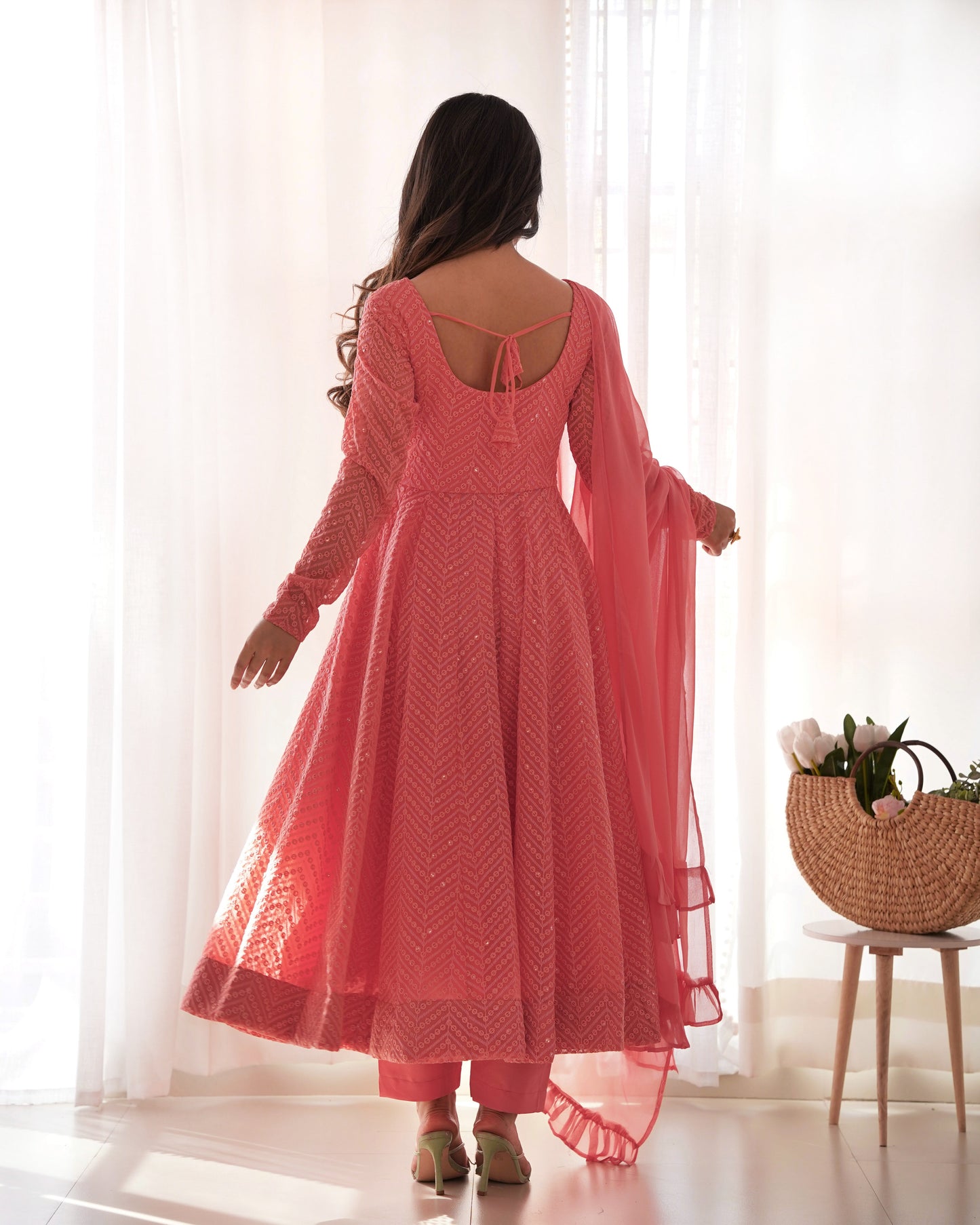 Lorenvalley Peach Faux Georgette Lukhnowi Sequence Work Anarkali Kurta Pant With Dupatta Set - Swadesiicart
