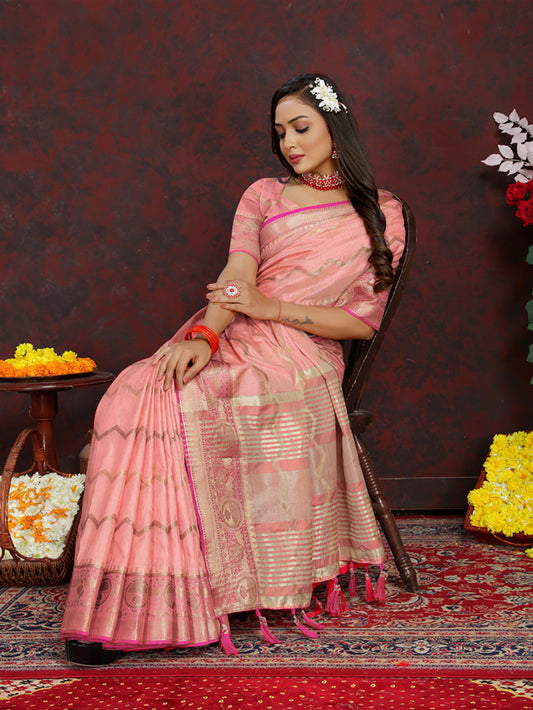 Lorenvalley Fashion Peach Soft Katan Silk Woven Design Zari Weaving Pallu Saree - Swadesiicart