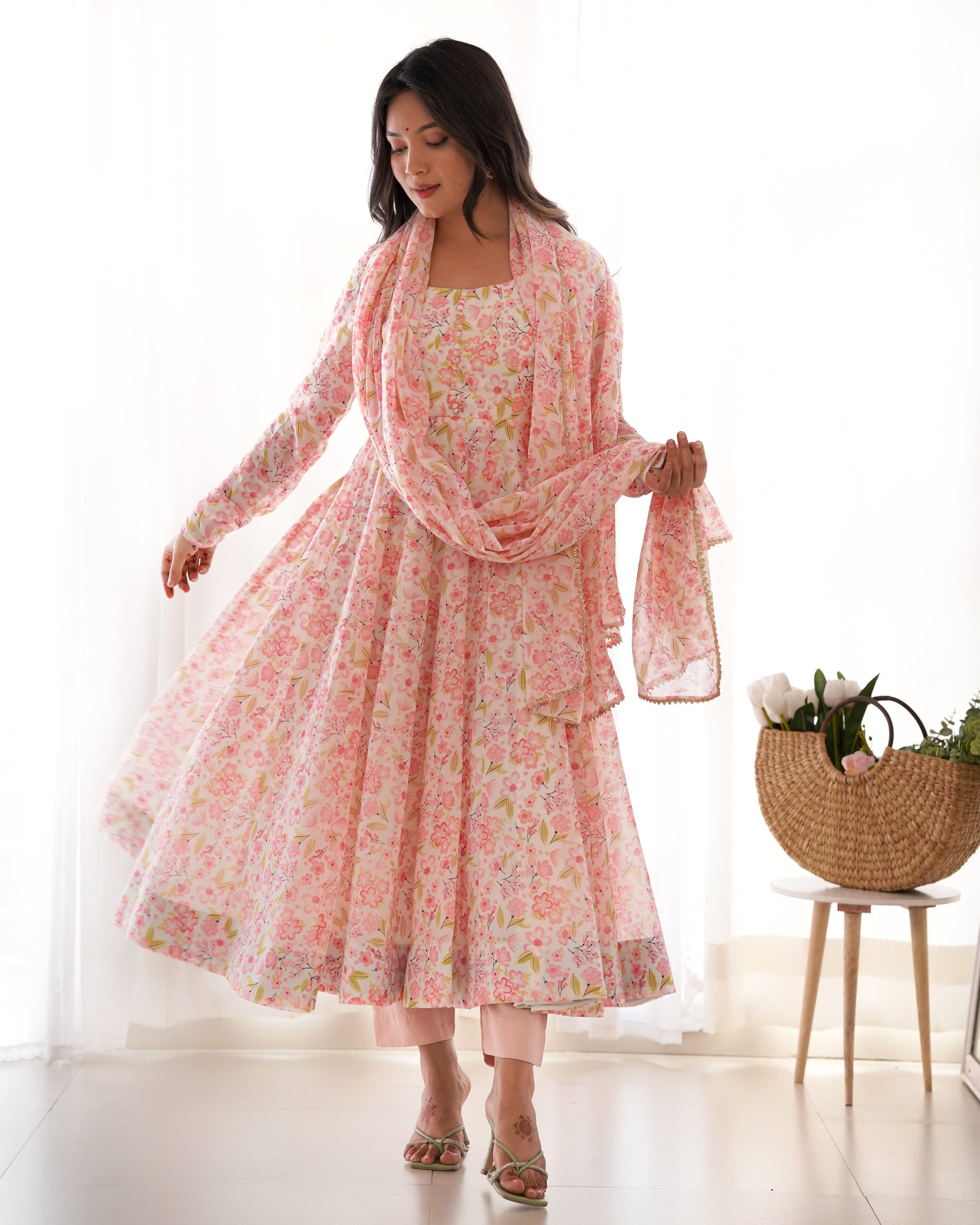 Lorenvalley Peach Soft Organza Silk With Floral Print Fully Flared Anarkali Pant With Dupatta Set | Swadesiicart