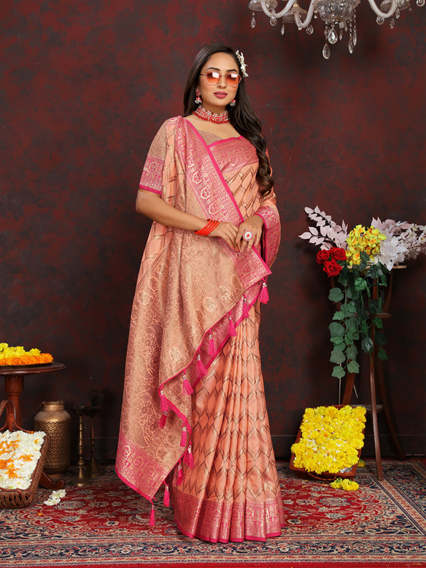 Lorenvalley Fashion Peach Soft Katan Silk Woven Design Rich Zari Weaving Pallu Saree - Swadesiicart