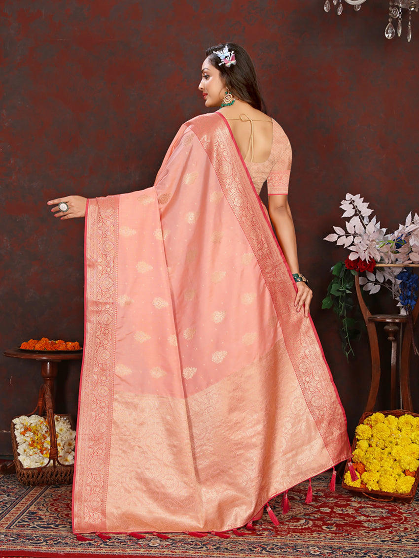 Lorenvalley Fashion Peach Soft Katan Silk Woven Design Zari Weaving Pallu Saree - Swadesiicart