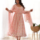 Lorenvalley Peach Soft Organza Silk With Floral Print Fully Flared Anarkali Pant With Dupatta Set | Swadesiicart