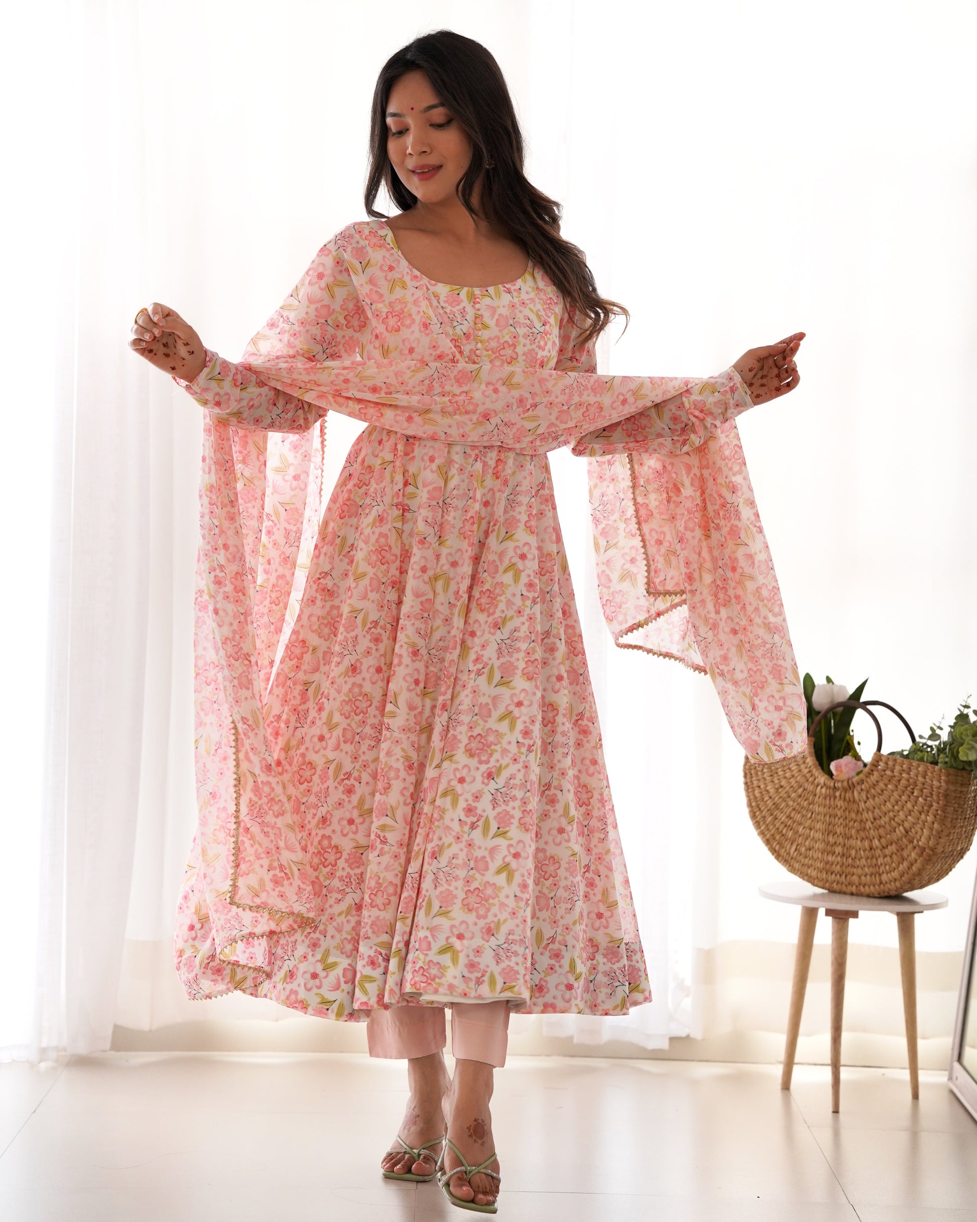 Lorenvalley Peach Soft Organza Silk With Floral Print Fully Flared Anarkali Pant With Dupatta Set | Swadesiicart