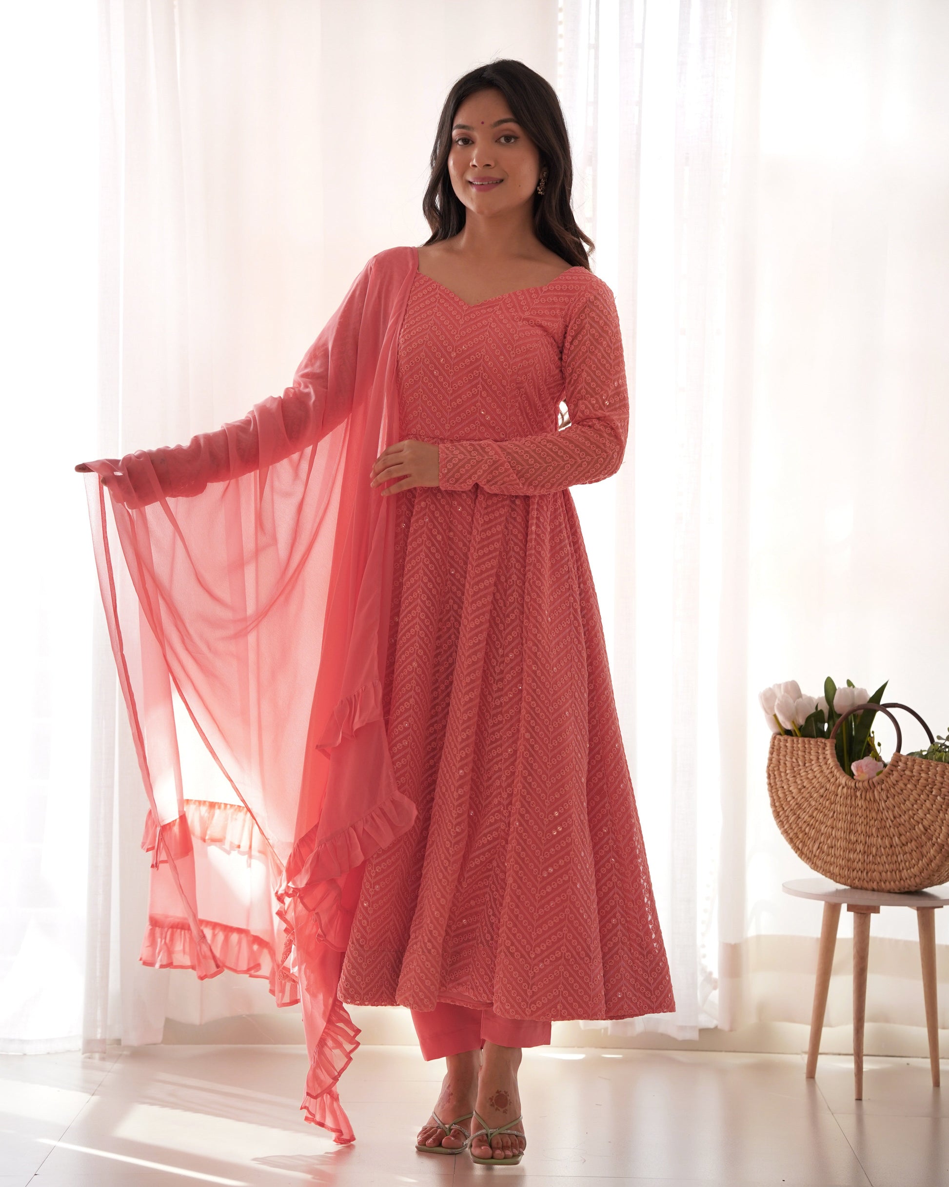Lorenvalley Peach Faux Georgette Lukhnowi Sequence Work Anarkali Kurta Pant With Dupatta Set - Swadesiicart