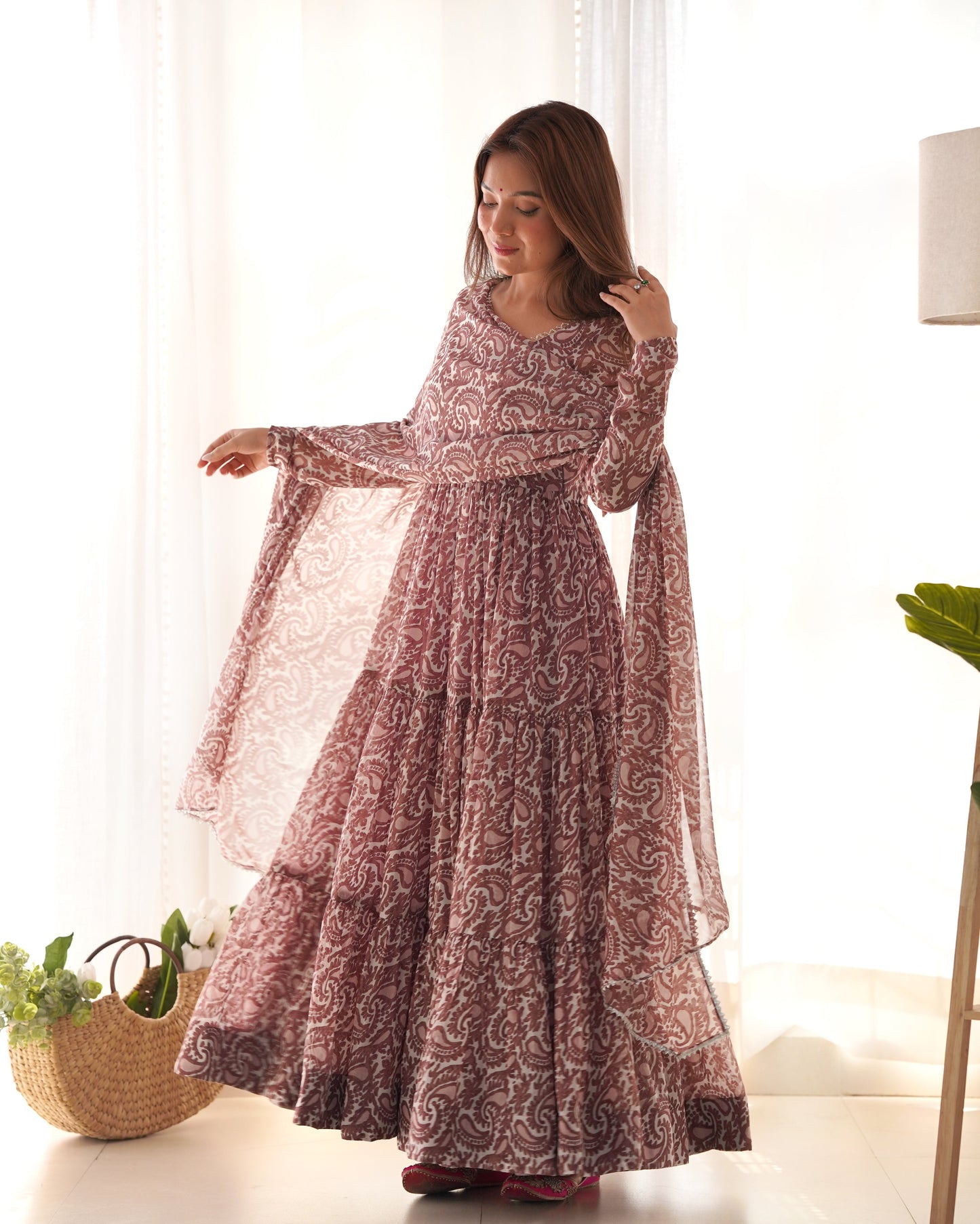 Lorenvalley Women Pure Soft Faux Georgette Floral Print Fully Flair Anarkali Kurta Pant With Dupatta Set - Peach | Swadesiicart
