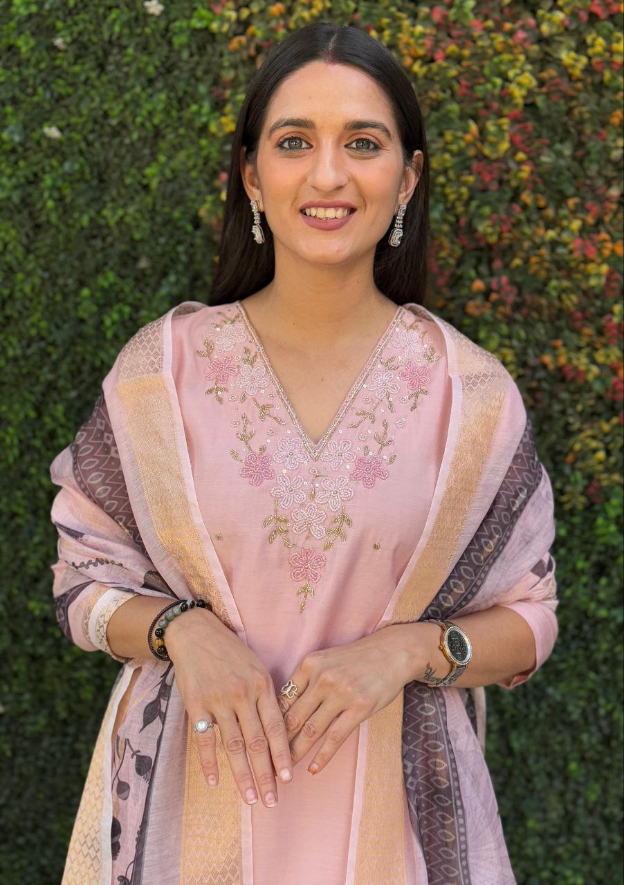 Lorenvalley Fashion Peach Roman Silk Hand Work Kurta Pant with Dupatta - Swadesiicart