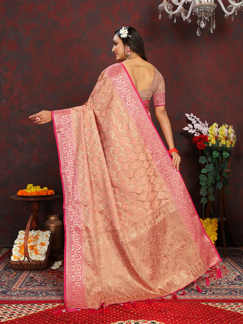Lorenvalley Fashion Peach Soft Katan Silk Woven Design Rich Zari Weaving Pallu Saree - Swadesiicart