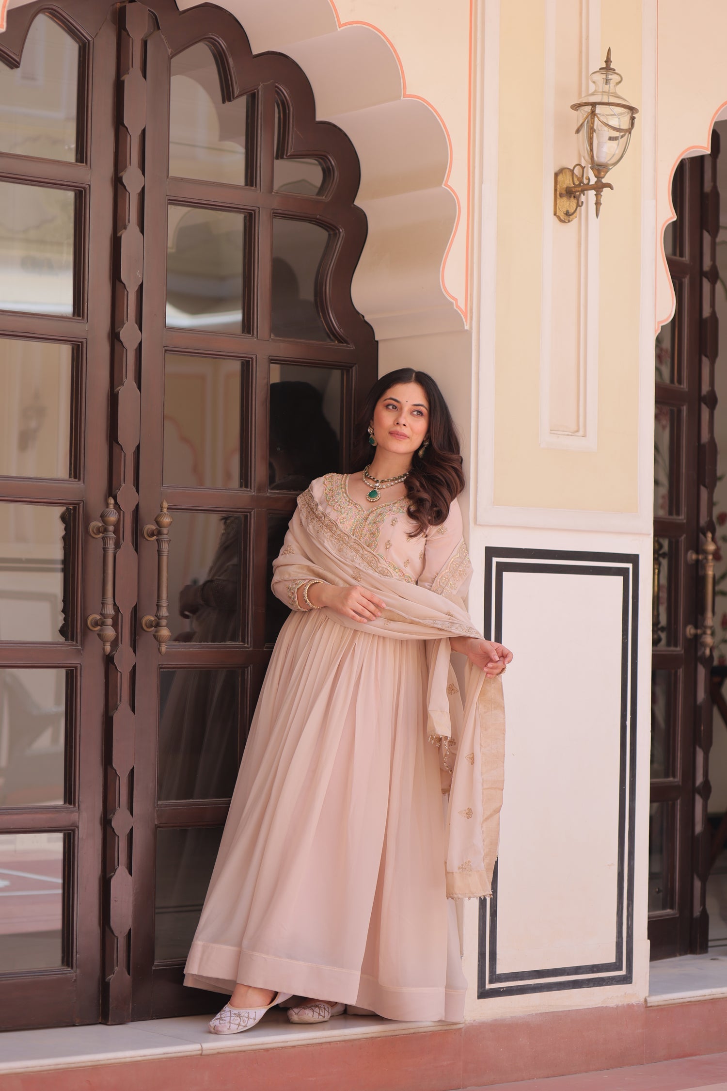 Lorenvalley Fashion Peach Star Georgette with Beads & Sequins Multi Embroidered work Anarkali Gown with Dupatta - Swadesiicart
