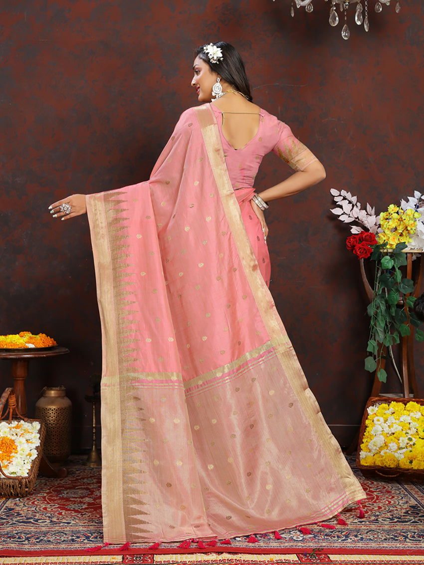 Lorenvalley Fashion Peach Soft Katan Silk Woven Design Zari Weaving Pallu Saree - Swadesiicart