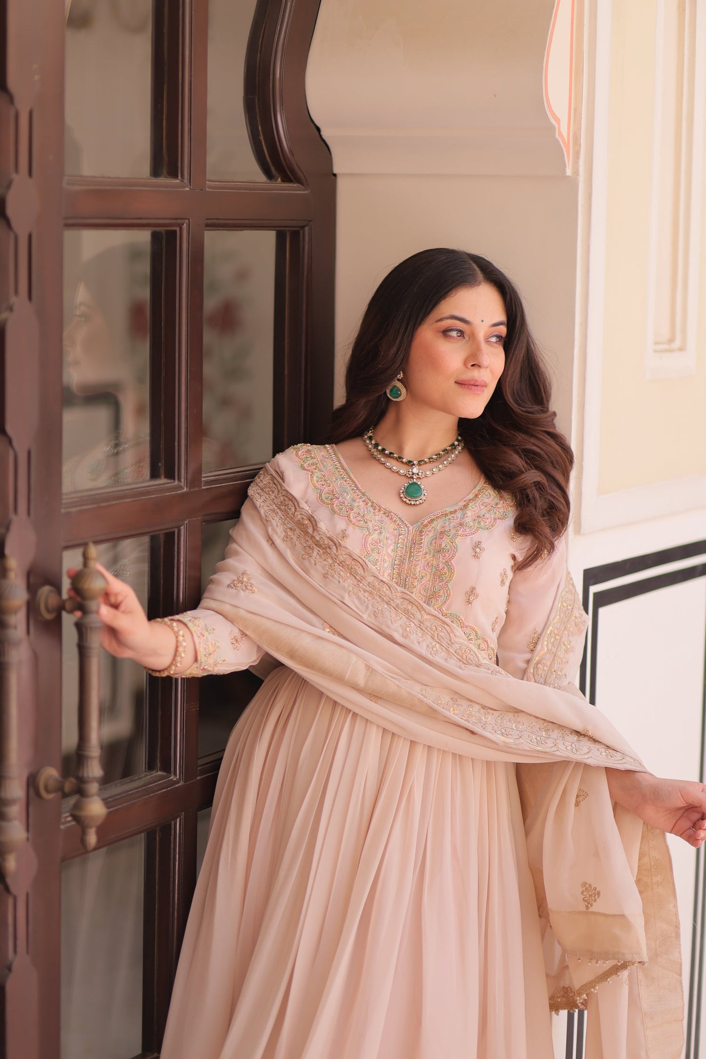 Lorenvalley Fashion Peach Star Georgette with Beads & Sequins Multi Embroidered work Anarkali Gown with Dupatta - Swadesiicart