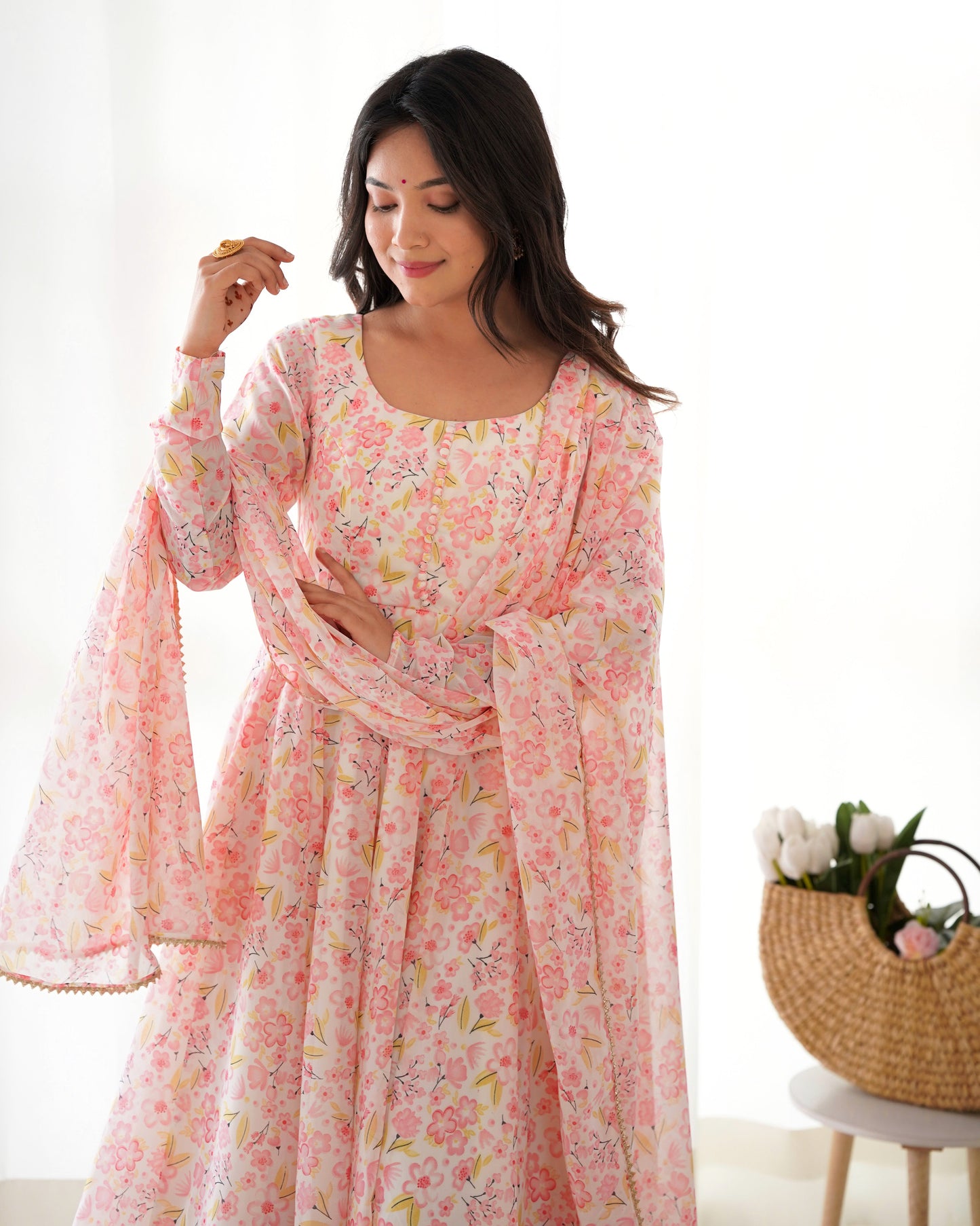 Lorenvalley Peach Soft Organza Silk With Floral Print Fully Flared Anarkali Pant With Dupatta Set | Swadesiicart