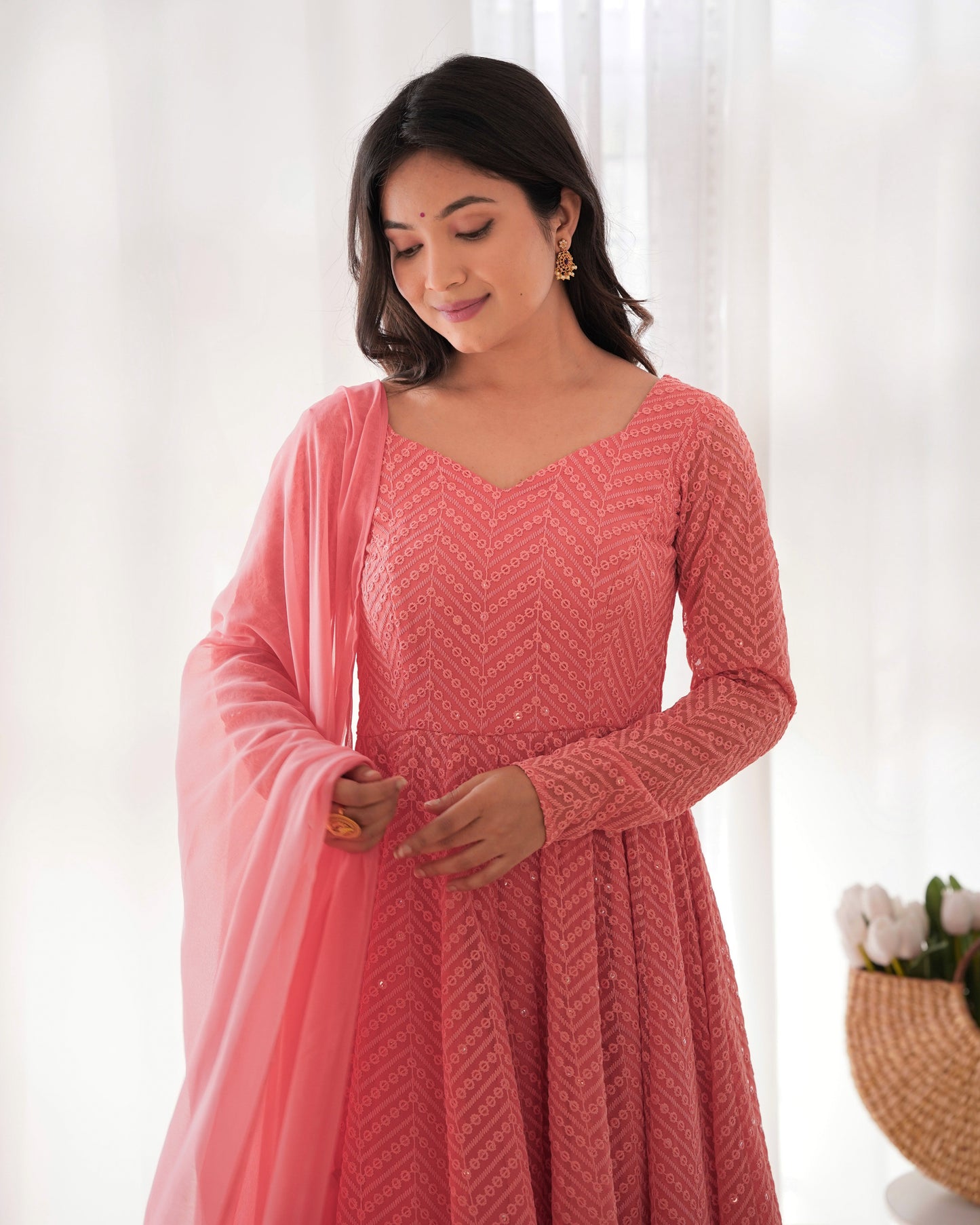 Lorenvalley Peach Faux Georgette Lukhnowi Sequence Work Anarkali Kurta Pant With Dupatta Set - Swadesiicart