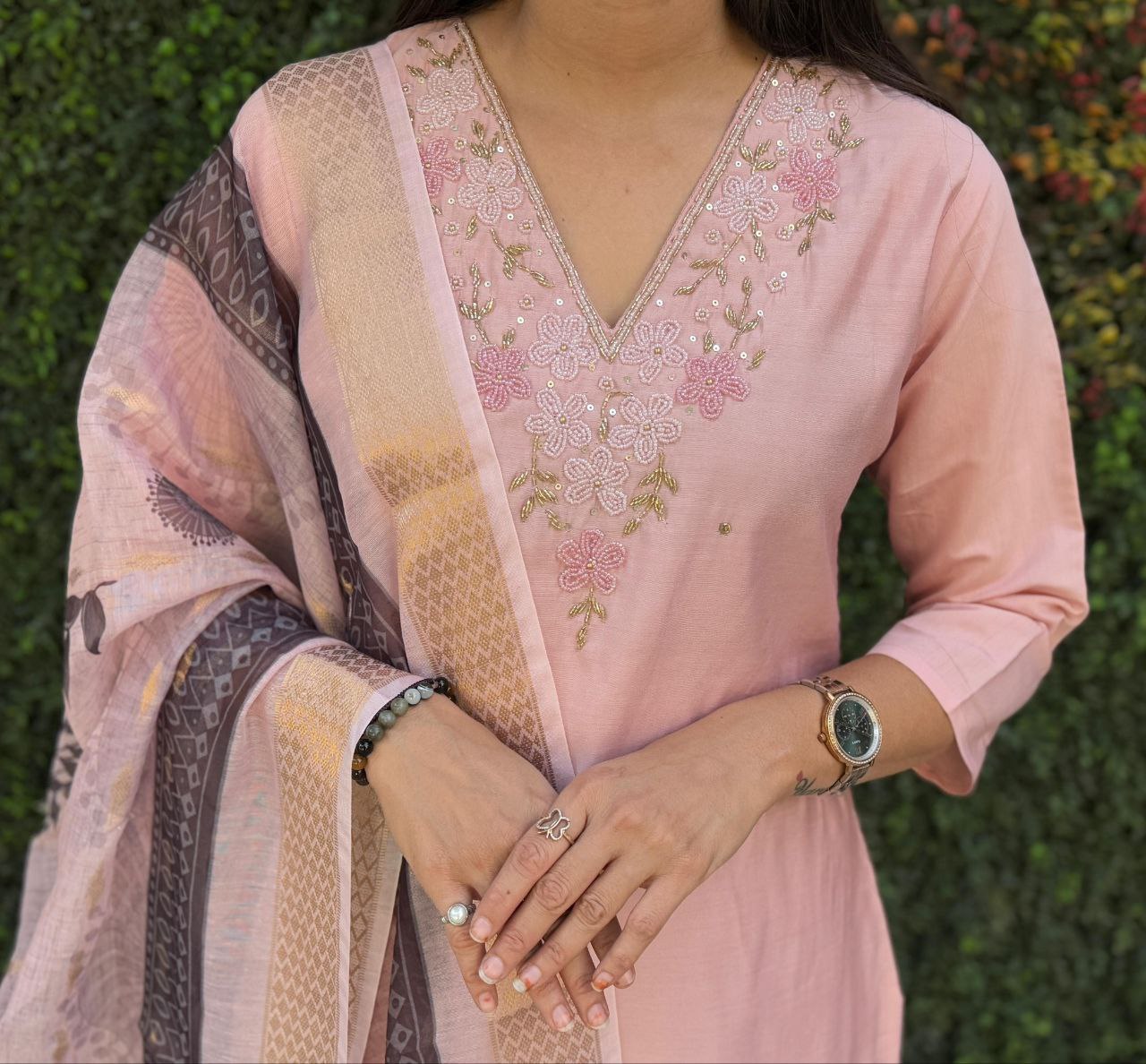 Lorenvalley Fashion Peach Roman Silk Hand Work Kurta Pant with Dupatta - Swadesiicart