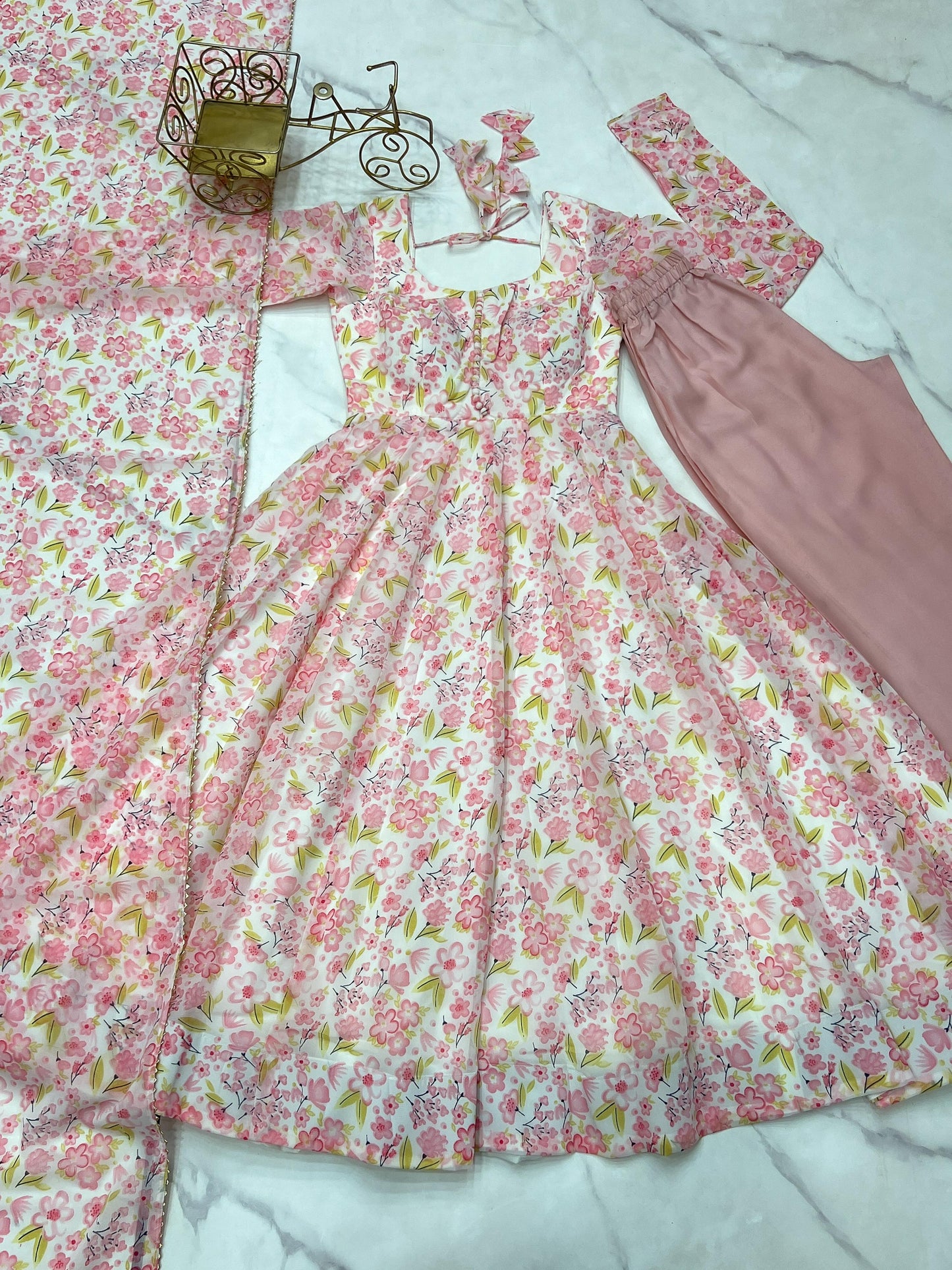 Lorenvalley Peach Soft Organza Silk With Floral Print Fully Flared Anarkali Pant With Dupatta Set | Swadesiicart