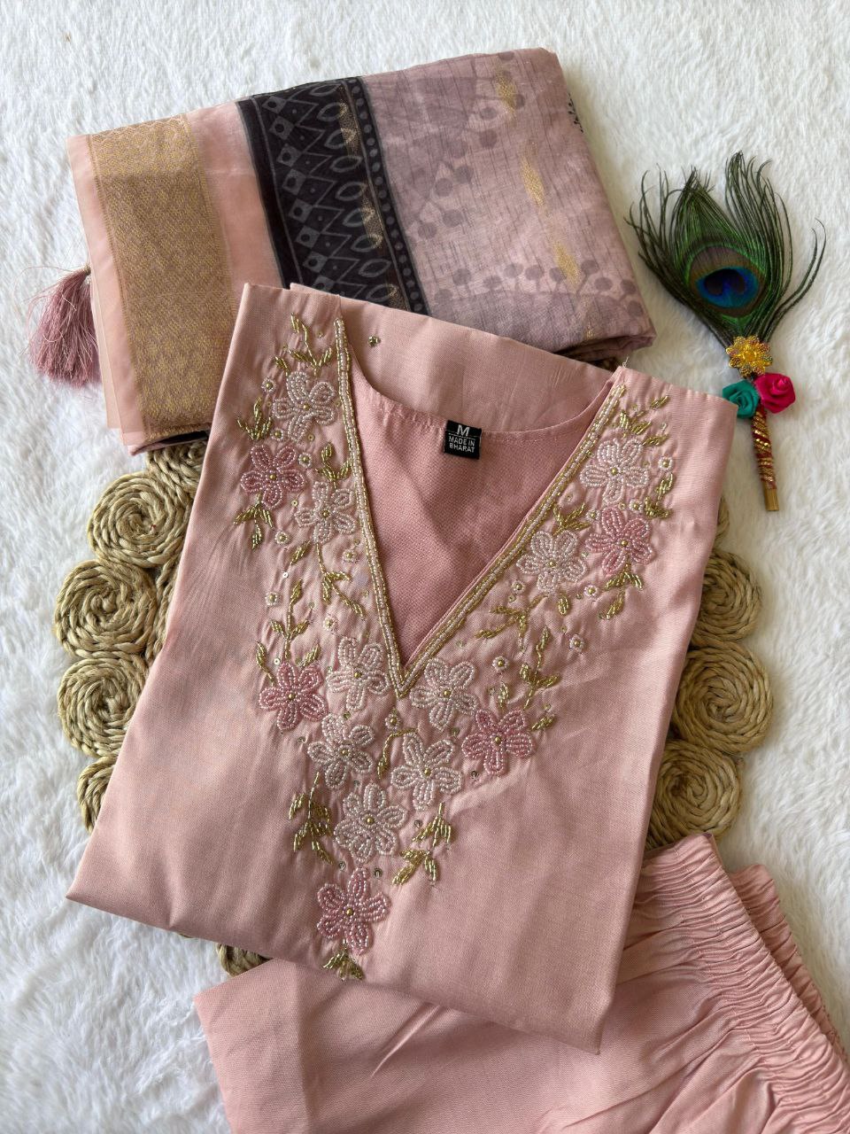Lorenvalley Fashion Peach Roman Silk Hand Work Kurta Pant with Dupatta - Swadesiicart