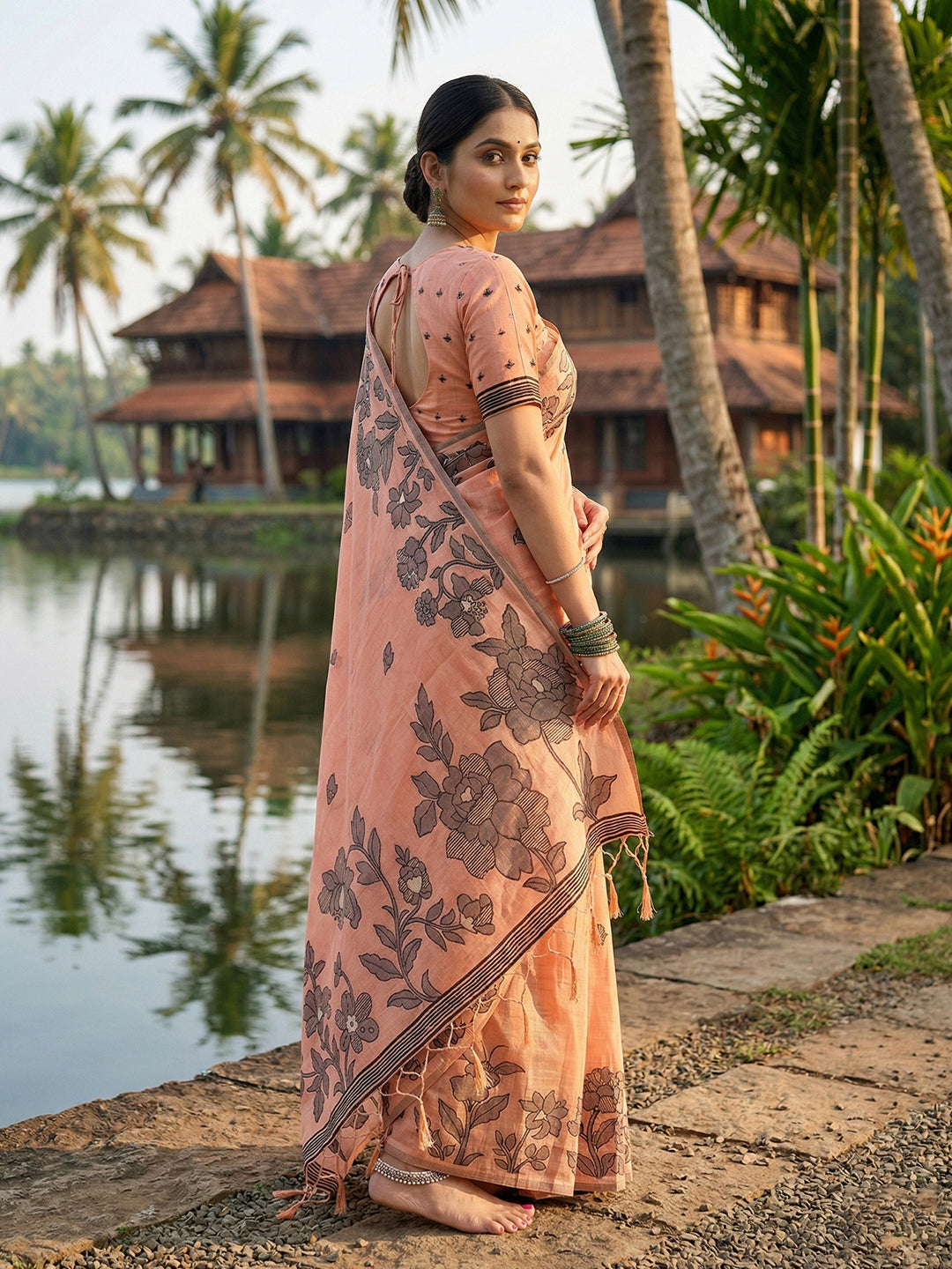 Anaita Peach Linen Printed Saree With Blouse