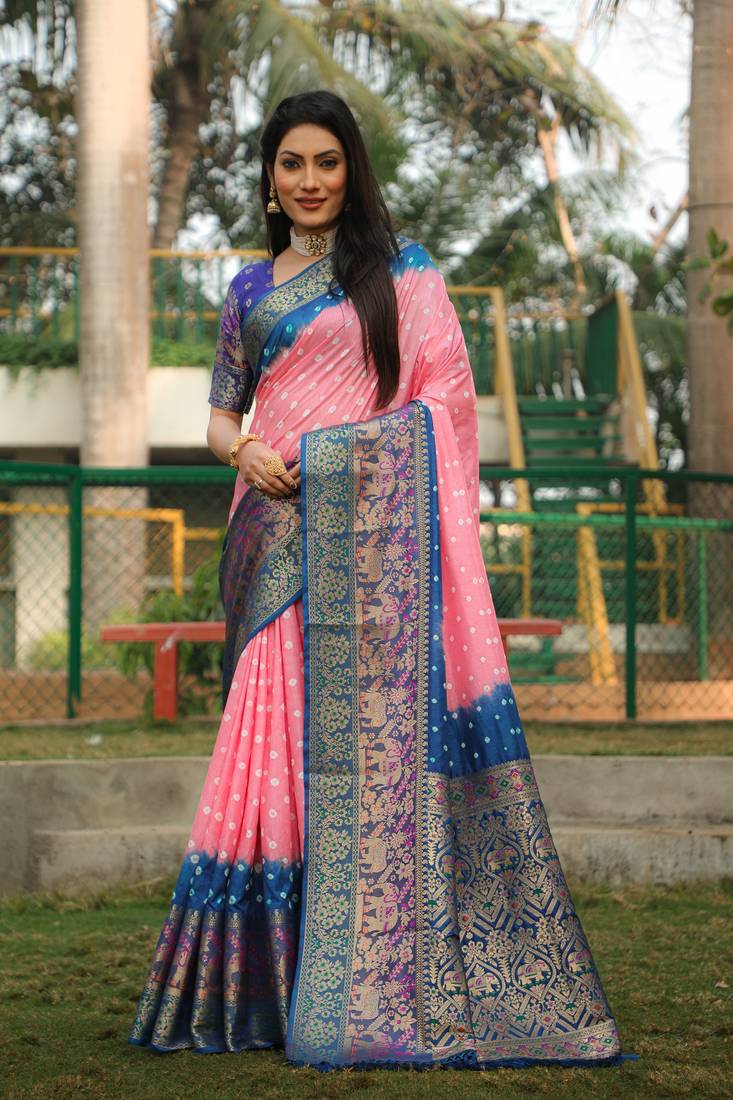 Anaita Peach Woven Design Pure Bandhej Kanjivaram Soft Silk Saree