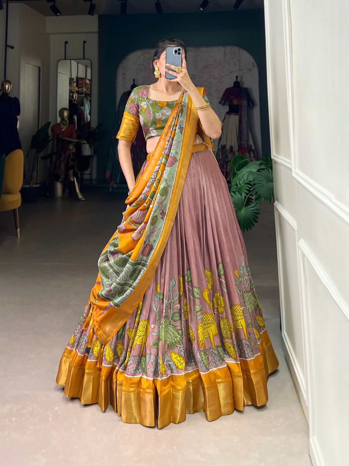 Lorenvalley Peach Dola Silk and Jacquard Silk Printed (Kalamkari) With Zari Weaving Border Lehenga Choli | Swadesiicart