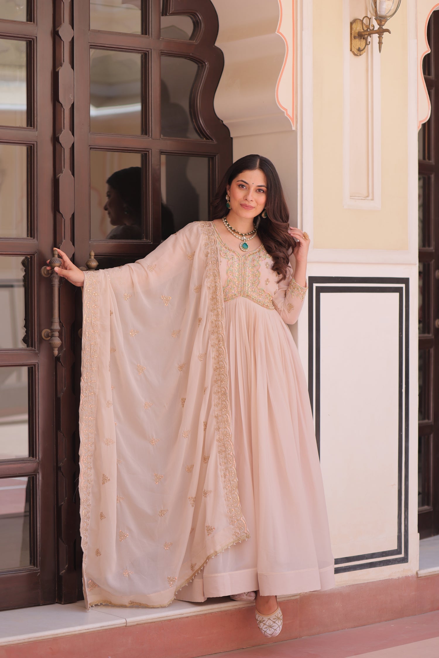 Lorenvalley Fashion Peach Star Georgette with Beads & Sequins Multi Embroidered work Anarkali Gown with Dupatta - Swadesiicart