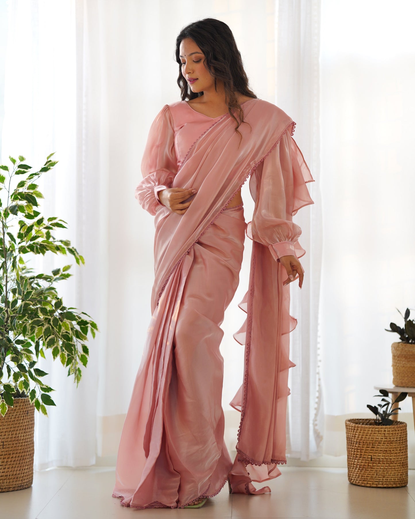 Lorenvalley Ready to wear Jimmy Choo Organza Fabric Border Lace Work Predrapped Saree - Swadesiicart