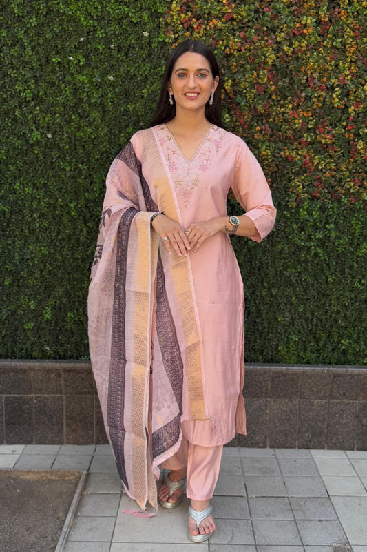 Lorenvalley Fashion Peach Roman Silk Hand Work Kurta Pant with Dupatta - Swadesiicart