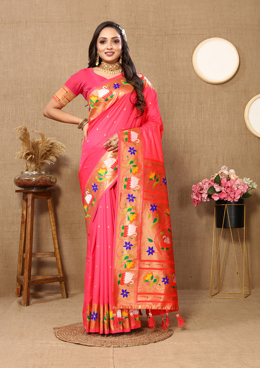 Lorenvalley Fashion Peach Soft Paithani Silk Woven Design Rich Zari Meenakari Weaving Saree - Swadesiicart
