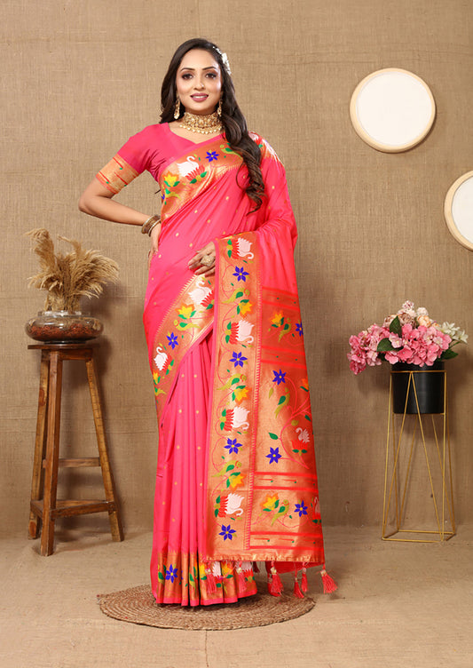 Lorenvalley Fashion Peach Soft Paithani Silk Woven Design Rich Zari Meenakari Weaving Saree - Swadesiicart