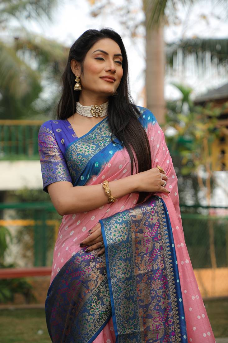 Anaita Peach Woven Design Pure Bandhej Kanjivaram Soft Silk Saree