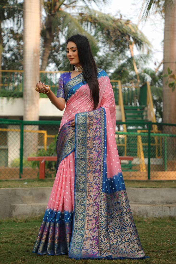 Anaita Peach Woven Design Pure Bandhej Kanjivaram Soft Silk Saree