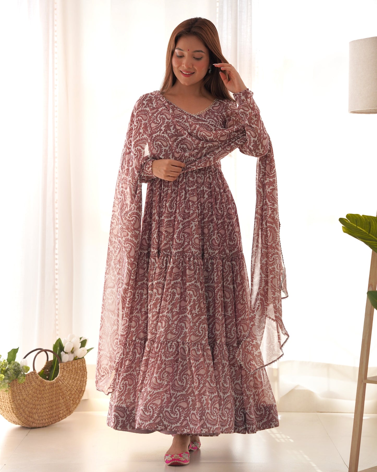 Lorenvalley Women Pure Soft Faux Georgette Floral Print Fully Flair Anarkali Kurta Pant With Dupatta Set - Peach | Swadesiicart