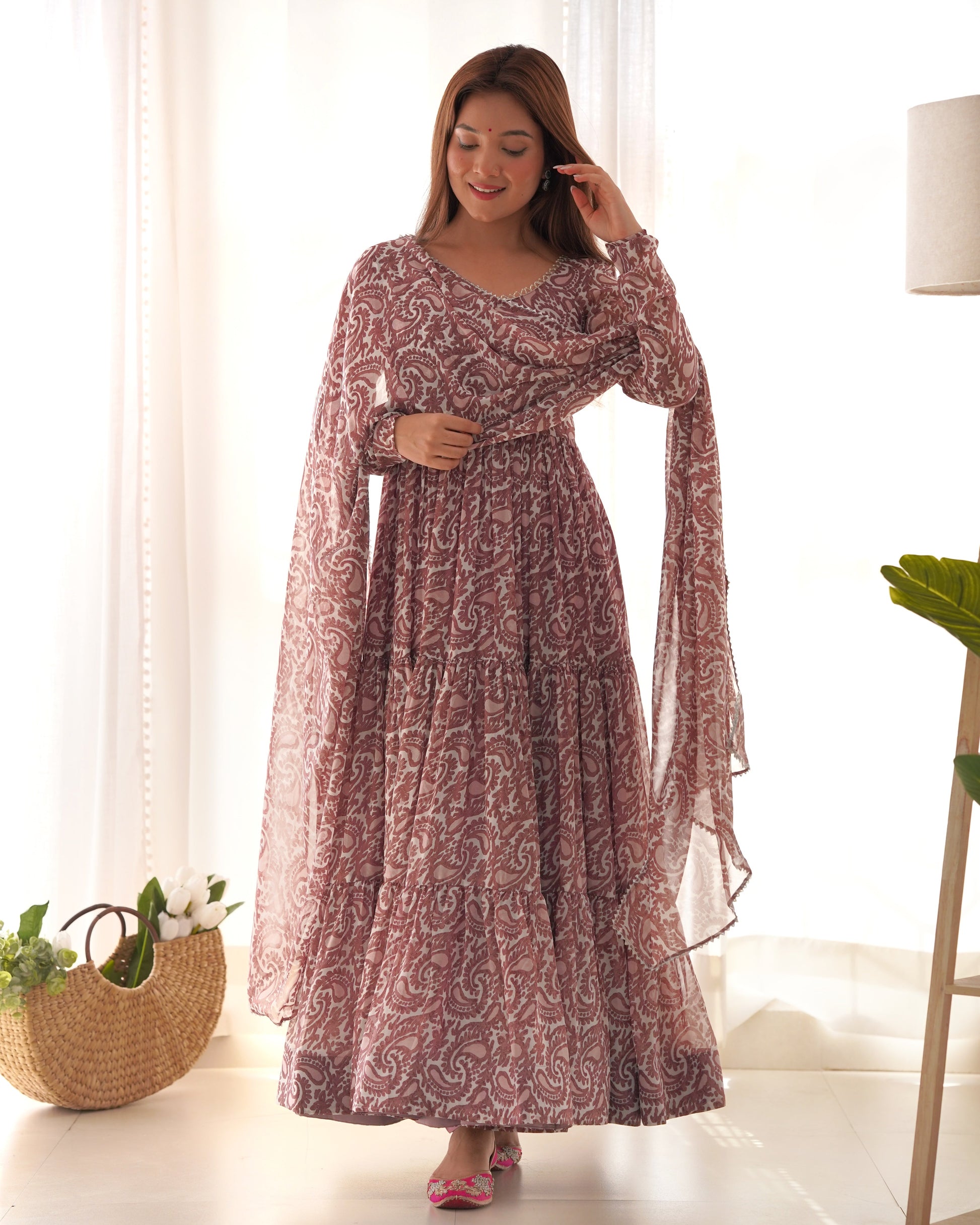 Lorenvalley Women Pure Soft Faux Georgette Floral Print Fully Flair Anarkali Kurta Pant With Dupatta Set - Peach | Swadesiicart