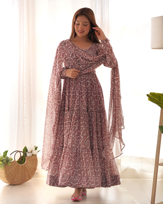 Lorenvalley Women Pure Soft Faux Georgette Floral Print Fully Flair Anarkali Kurta Pant With Dupatta Set - Peach | Swadesiicart
