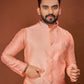Anaita Peach Jacquard Silk Straight Kurta With Koti & Pajama