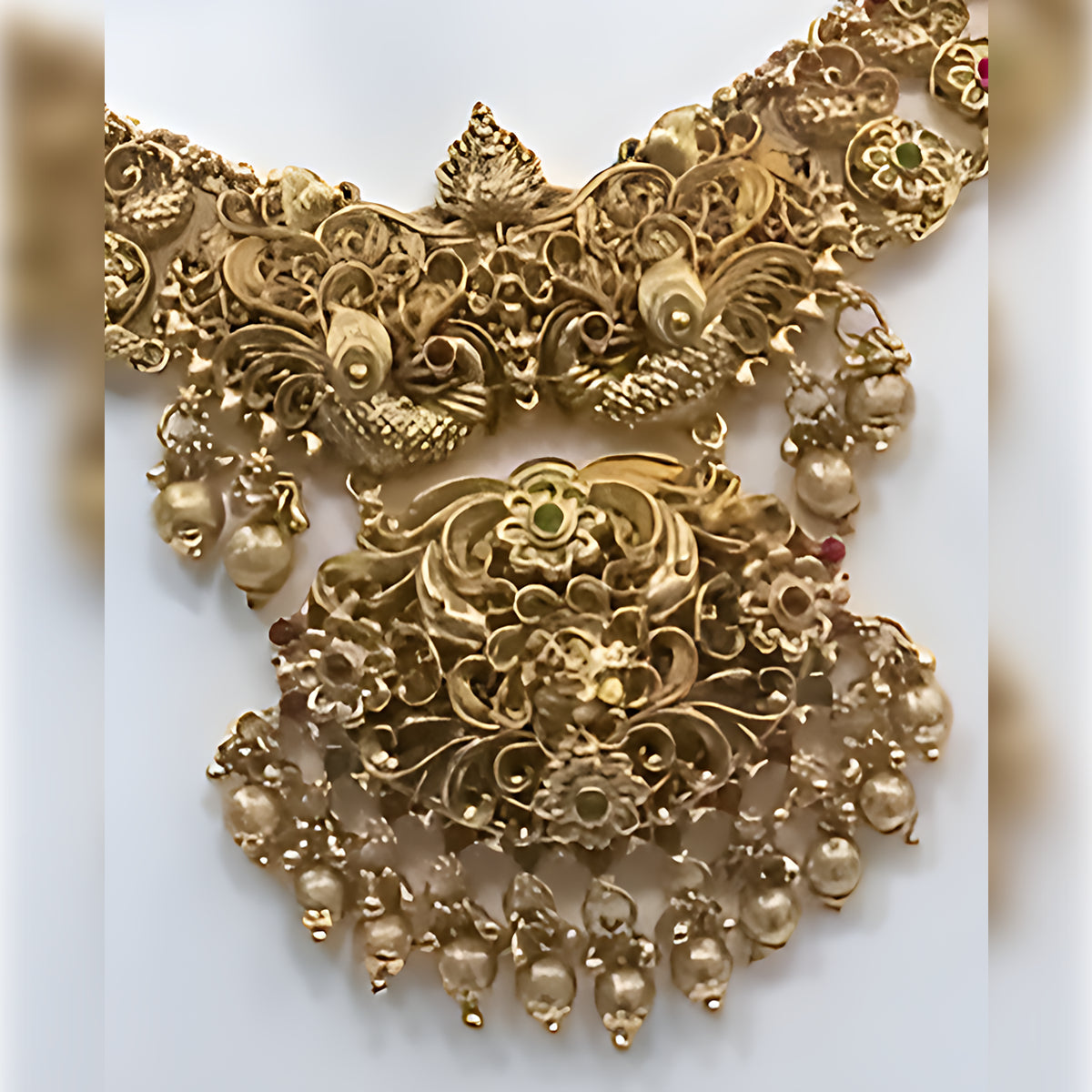 Jewel City Antique Gold-Plated Peacock Design Traditional Temple Choker Pearl Drops & Jhumka Earrings Necklace Jewelry Set | Swadesiicart