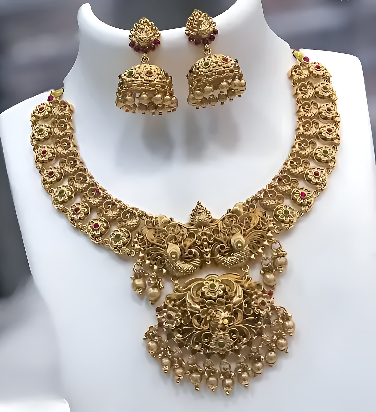 Jewel City Antique Gold-Plated Peacock Design Traditional Temple Choker Pearl Drops & Jhumka Earrings Necklace Jewelry Set | Swadesiicart