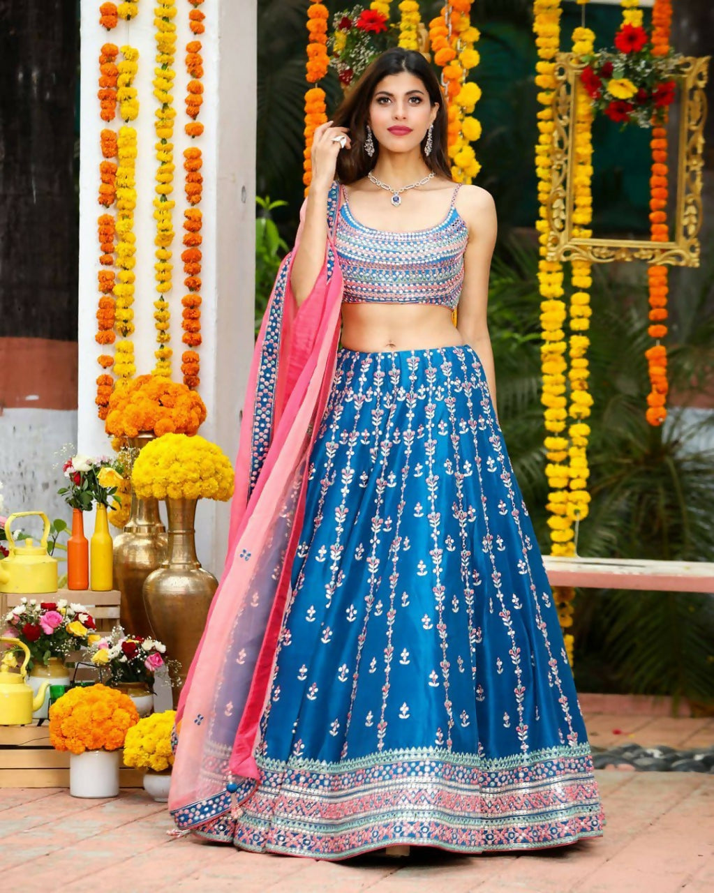 Jyoti Fashion Gorgeous Blue Sequins with Thread & Zari Embroidery Chinon Lehenga Choli with Dupatta | Swadesiicart