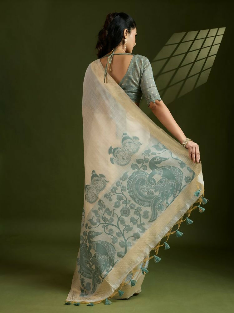 Vishnu Weaves Women's Green Muga Cotton Thread Woven Saree with Blouse - Swadesiicart