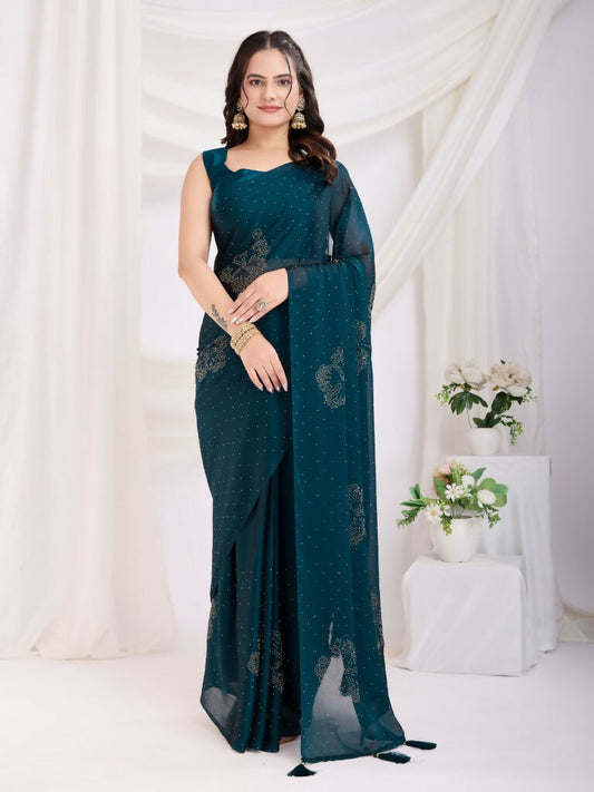 Teal Blue Rangoli Silk Diamond Work Ready To Wear Saree - Tamana | Swadesiicart