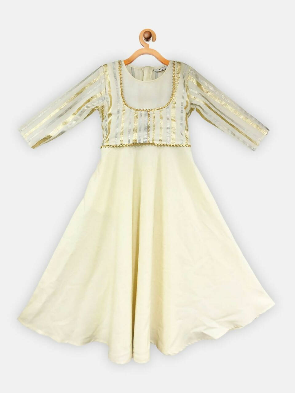 Ahalyaa Cream Crepe Gold Foil Printed Kids Kurta with Jacket For Girls | Swadesiicart