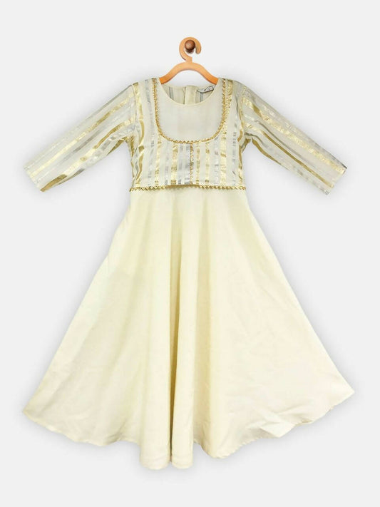 Ahalyaa Cream Crepe Gold Foil Printed Kids Kurta with Jacket For Girls | Swadesiicart