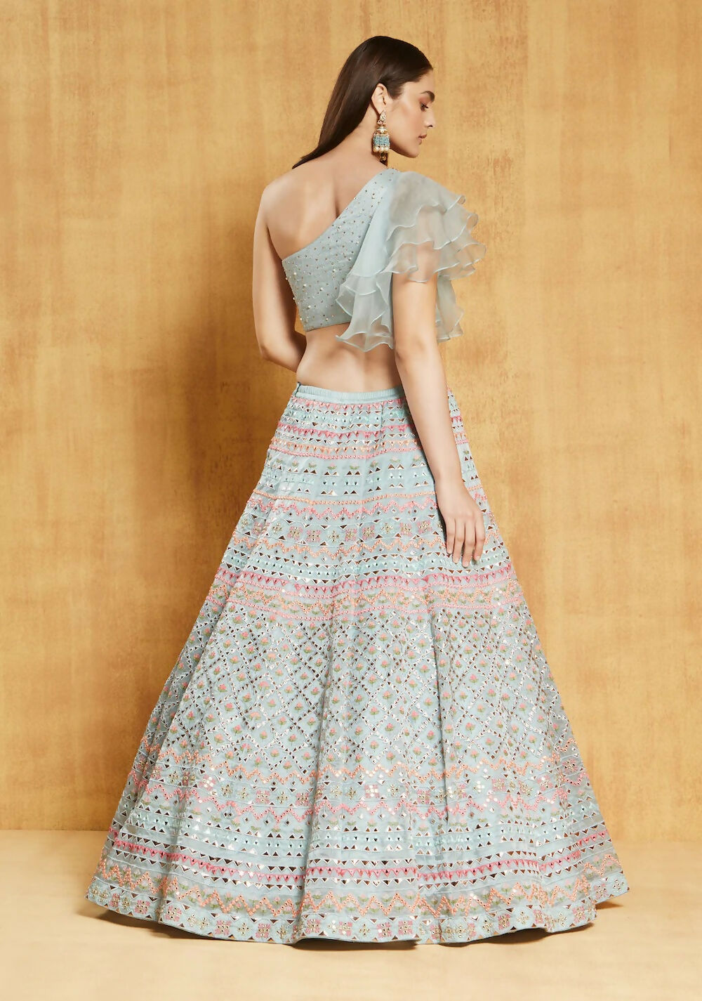 Jyoti Fashion Light Turquoise Thread, Zari and Paper Mirror Embroidered Organza One Shoulder Bridal Lehenga Choli | Swadesiicart