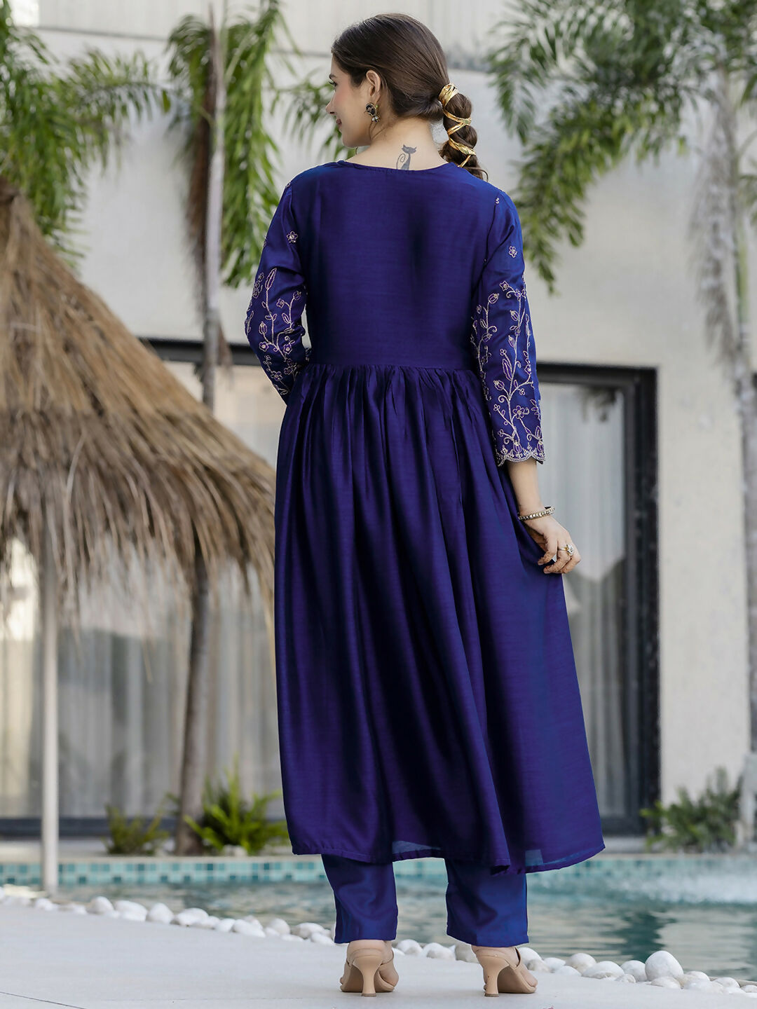 The52 Blue Women's Beautiful Embroidered Vichitra Silk Fabric with Flared Kurta, Pant and Dupatta Set - Swadesiicart