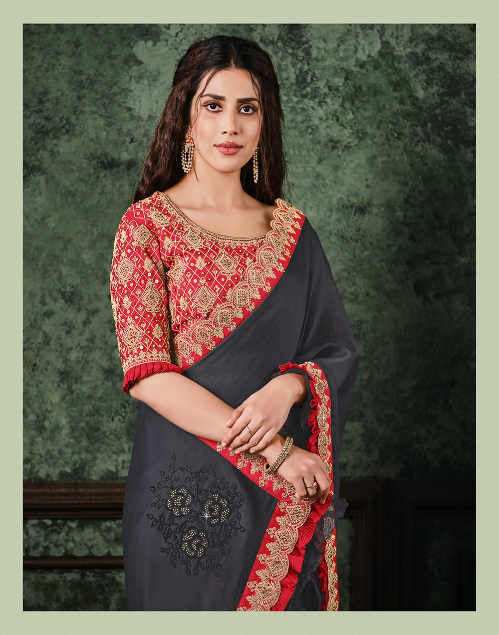 Grey Silk Georgettecord And Sequins Embroidery Saree - Norita Hit - Swadesiicart