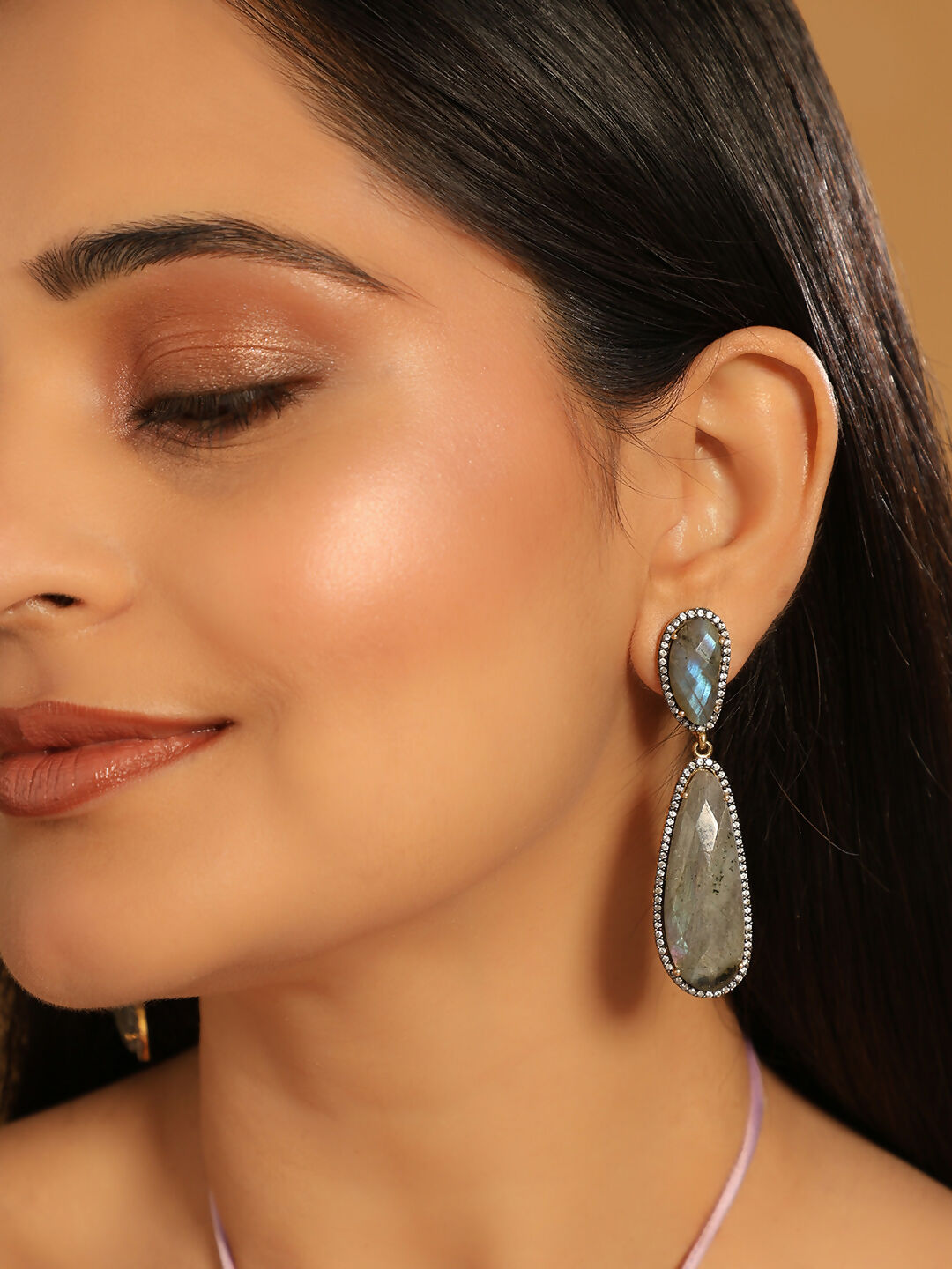 Nuyug 22K Gold Plated Labradorite Stone Contemporary Drop Earrings | Swadesiicart
