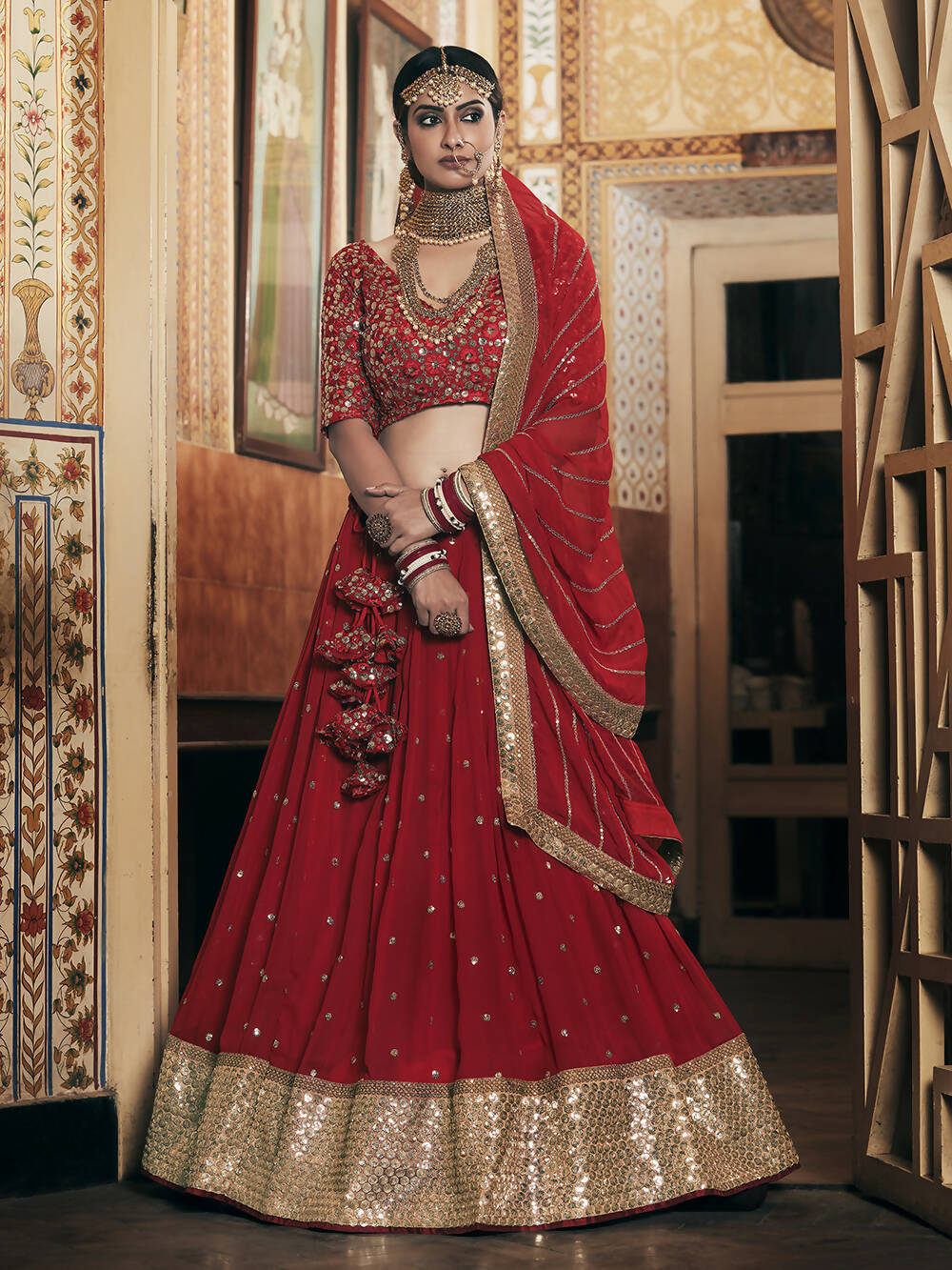 Wedding Designer Sequene Zari Resham Embroidery Red Georgette Lahengha Choli - Anbazaar | Swadesiicart