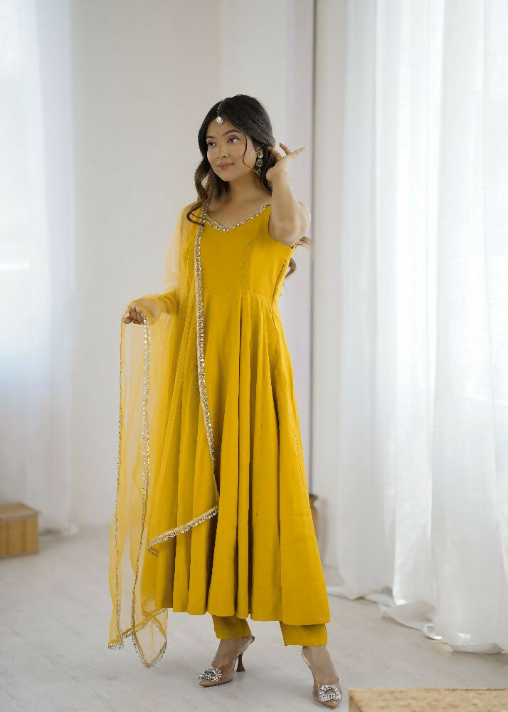 Joban Fashion Yellow Kurta Set Chanderi Sequence Embroidery Work - Swadesiicart