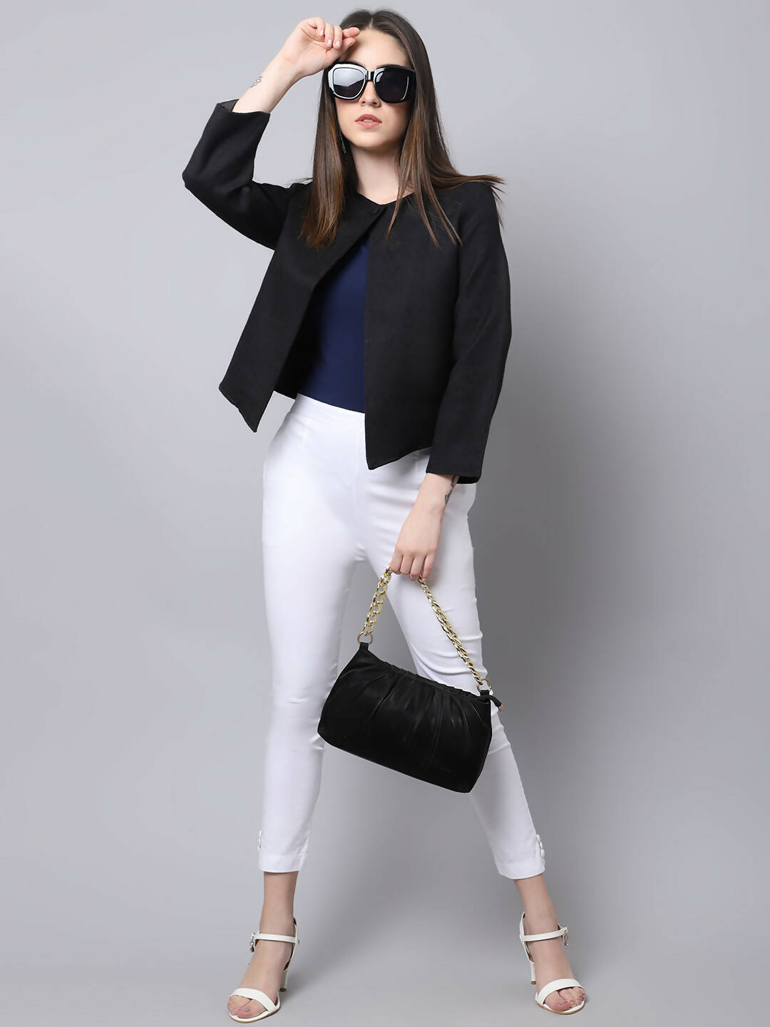 Even Apparels Black 100% Viscose Open Front Statement Women's Jacket | Swadesiicart