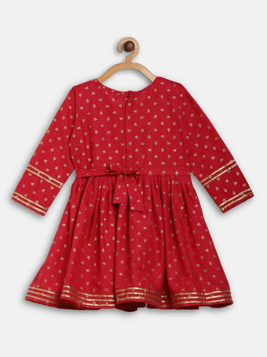 Ahalyaa Red Crepe Gold Printed Kids Kurta Sharara Set For Girls | Swadesiicart