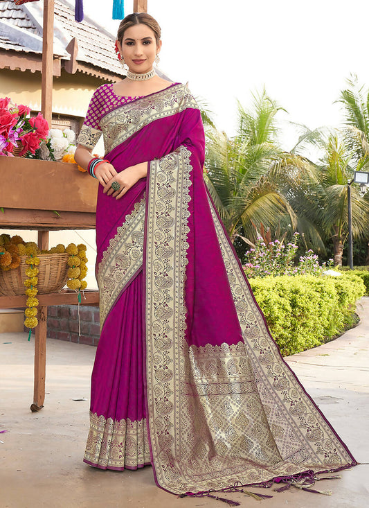 Purple Banarasi Silk Woven Design Saree with Unstitched Blouse Piece - Aachal | Swadesiicart