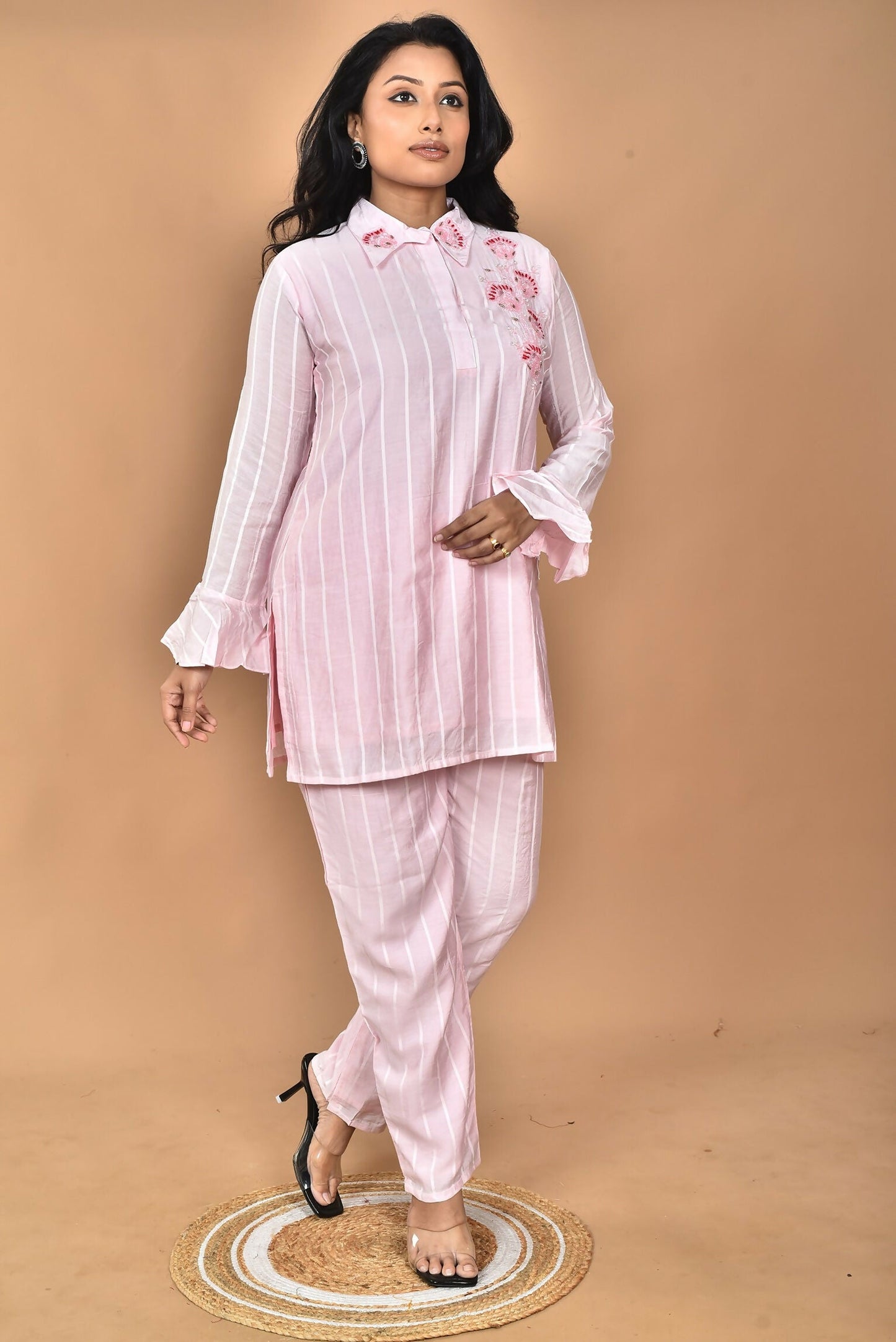Morchari Women And Hand Embroidery Co-Ords-Pink - Swadesiicart